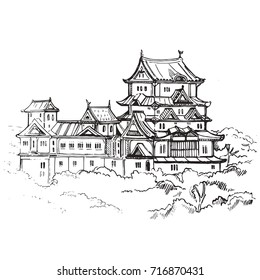 UNESCO – Himeji Castle, near Osaka, Japan.illustration vector doodle hand drawn of sketch Himeji jo castle.Japanese historical showplace for print, souvenirs, postcards, t-shirts, decoration, picture.