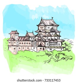 UNESCO – Himeji Castle, near Osaka, Japan Illustration vector doodle hand drawn of sketch Himeji jo castle.Japanese historical showplace for print, souvenirs, postcards, decoration, picture.