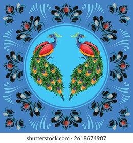 A UNESCO recognized Bangladeshi rickshaw art vector featuring two ornate peacocks in vibrant folk style, symbolizing South Asia’s celebrated traditional cultural heritage. UNESCO Recognized South Asia