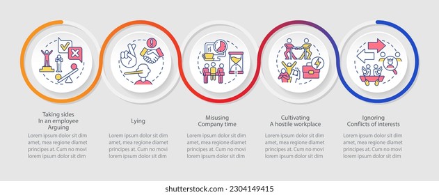 Unethical behavior in workplace loop infographic template. Employee arguing. Data visualization with 5 steps. Timeline info chart. Workflow layout with line icons. Myriad Pro-Regular font used