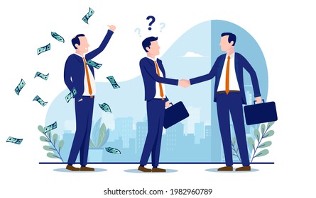 Unethical business scamming clients - Businessman doing deal with company getting tricked into a terrible deal. Scam, fraud and dishonesty concept. Vector illustration with white background.