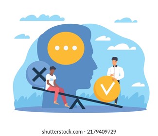 Uneven balance of judgments. Problem of public thinking and unfair treatment, prejudice opinions, people sit on the scales. Unconscious bias vector cartoon flat style concept