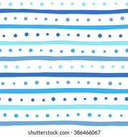 Uneven bars and dots vector seamless pattern. Marine, sea colors. Free hand drawn blue and navy blue stripes and round spots on white background. Streaks and dots abstract texture.
