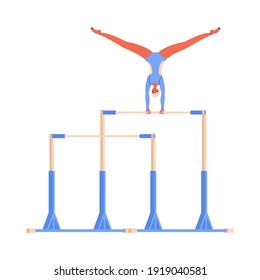 Uneven bars woman training isolated on white. Vector concept illustration with elegant sportswoman doing swing element upside down 