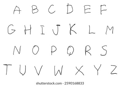 Uneven black english latin abc alphabet font with digits and symbols handwritten A to Z set. Vector illustration in doodle style isolated on white back. For logo, kids book, card, typography, menu.