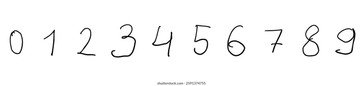 Uneven black mathematical digits from 0 to 9 font collection set. Vector illustration in hand drawn doodle style isolated on white background. For birthday, learning, card, logo, sales, decorating.