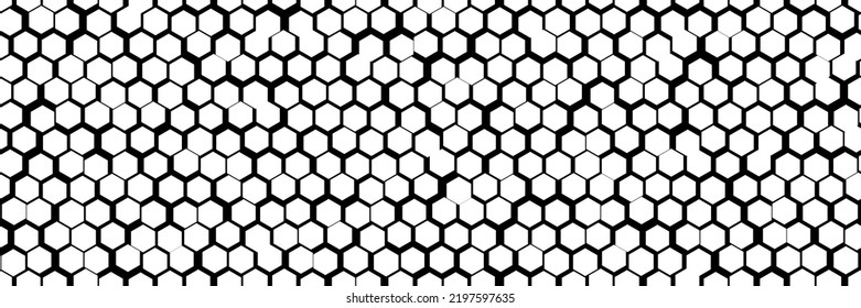 Uneven black and white honey comb simple seamless pattern. Irregular hive cell texture. Abstract vector background with hexagon geometry. Wallpaper in a minimalist style