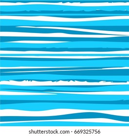 Uneven blue stripes, seamless pattern, sea waves, simulation, vector. Horizontal, wavy lines on white background. Vector pattern. 