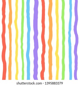 Uneven, crooked wide stripes, endless brush strokes seamless pattern. Doodle style colorful bars, hand drawn streaks with deformed edges texture. Rainbow colors striped background, border template