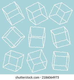 Diseño vectorial de contorno de geometría de cubo desigual. Caja con línea curva aleatoria. Dibujo abstracto de estilo nublado.