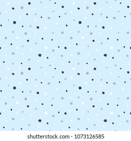 Uneven dots, specks, flecks, spots, blobs, splashes seamless repeat vector pattern. Free hand drawn speckles of different size chaotic texture. Abstract blue, black, white, grey colors background.