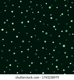 Puntos dibujados a mano desiguales de diferentes tamaños, con un patrón de vector de repetición sin fisuras. Blobs caóticos, salpicaduras de pintura, salpicaduras, manchas redondas, manchas de fondo artístico verde esmeralda oscuro, textura puntiaguda. Plantilla ecológica.