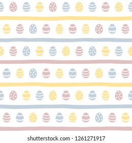 Uneven, hand drawn stripes, streaks, bars and painted eggs Happy Easter seamless pattern. Regular texture, simple striped background, illustration template for horizontal borders, frames, greetings.