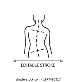 Uneven hips and shoulders linear icon. Abnormal curve in spine. Worsening scoliosis. Bad posture. Thin line customizable illustration. Contour symbol. Vector isolated outline drawing. Editable stroke