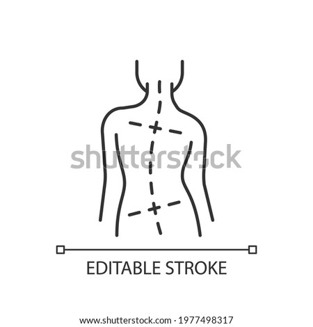 Uneven hips and shoulders linear icon. Abnormal curve in spine. Worsening scoliosis. Bad posture. Thin line customizable illustration. Contour symbol. Vector isolated outline drawing. Editable stroke