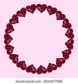 Uneven irregular heart shape frame. Circular frame made of red glittery hearts. Glitter texture on the hearts adds a celebratory and luxurious touch. Valentine’s Day themes, wedding stationery.