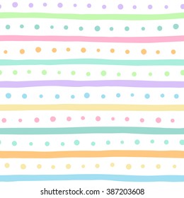 Uneven multicolored stripes and dots vector seamless pattern. Free hand drawn colorful bars and round spots on white background. Easter eggs ornament. Abstract colourful streaks and dots texture.