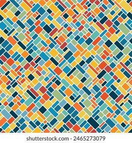 Uneven orthogonal grid with multicolored rectangles and squares on a white background. Seamless diagonal checkered pattern. Geometric vintage style. 