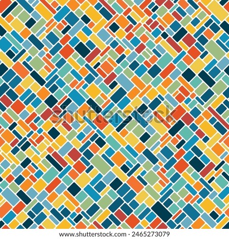 Uneven orthogonal grid with multicolored rectangles and squares on a white background. Seamless diagonal checkered pattern. Geometric vintage style. 