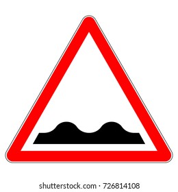 Uneven Road, Bumpy Road, Red Triangle Warning Sign With Bump Symbol, Vector Illustration.