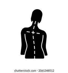 Uneven shoulders black glyph icon. Postural change. Difficulty walking. Back pain. Skeletal imbalances in body. Asymmetrical alignment. Silhouette symbol on white space. Vector isolated illustration