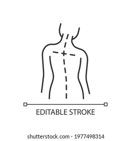 Uneven shoulders linear icon. Postural change. Difficulty walking. Asymmetrical alignment. Thin line customizable illustration. Contour symbol. Vector isolated outline drawing. Editable stroke