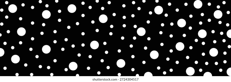 Manchas irregulares, manchas, bolhas, respinga padrão sem emenda. Manchas, manchas, manchas ou pontos de diferentes tamanhos, de textura de embalagem. Ponto incomum polka branco no fundo monocromático preto.