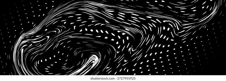Manchas irregulares, manchas, bolhas, respinga padrão sem emenda. Manchas, manchas, manchas ou pontos de diferentes tamanhos, de textura de embalagem. Ponto incomum polka branco no fundo monocromático preto.