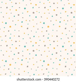 Uneven specks, spots, blobs, splashes seamless pattern. Easter background. Free hand drawn speckles, flecks, stains or dots of different size texture. Abstract retro background.