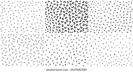 Uneven specks, sweet sparse dotty confetty, swirl sprinkles, falling speckle, chaotic spots. Doodle glaze donut patterns set. Vector illustration