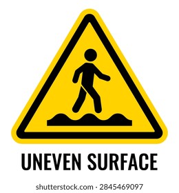 Uneven surface vector warning sign isolated on white background. Caution symbol of bad road condition, rough, bumpy path, broken, irregular surface, damaged pavement with cracks and holes, sharp ridges or dips. Please slow down and carefully watch your steps. Traffic safety yellow triangle signage design, simple line graphics with pedestrian black silhouette.