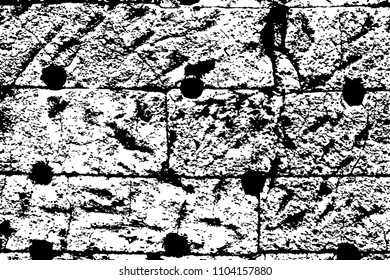 Uneven weathered stone brick wall vector texture. Black and white stone bricks. Obsolete stone wall. Grungy brickwork trace. Monochrome grit for aged effect. Grunge vintage overlay with brick pattern
