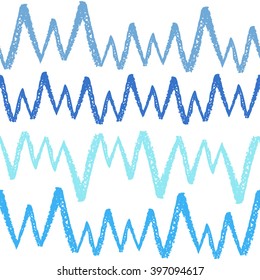 Uneven zigzag stripes vector seamless pattern. Brush drawn, rough edges. Free hand drawn zigzag texture. Shades of blue. Abstract background.
