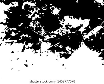 Unevenness texture. Grunge overlay layer. Distress background. Grungy stained template. Monochrome surface with dirty pattern in cracks, scratch, dots.  Old wall pattern