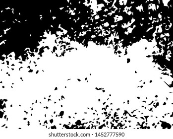 Unevenness texture. Grunge overlay layer. Distress background. Grungy stained template. Monochrome surface with dirty pattern in cracks, scratch, dots.  Old wall pattern