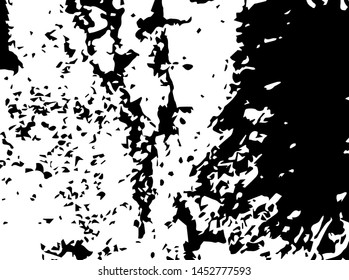 Unevenness texture. Grunge overlay layer. Distress background. Grungy stained template. Monochrome surface with dirty pattern in cracks, scratch, dots.  Old wall pattern