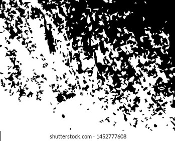 Unevenness texture. Grunge overlay layer. Distress background. Grungy stained template. Monochrome surface with dirty pattern in cracks, scratch, dots.  Old wall pattern