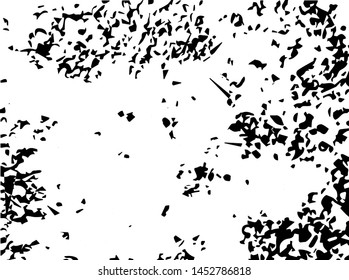 Unevenness texture. Grunge overlay layer. Distress background. Grungy stained template. Monochrome surface with dirty pattern in cracks, scratch, dots.  Old wall pattern
