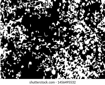 Unevenness texture. Grunge overlay layer. Distress background. Grungy stained template. Monochrome surface with dirty pattern in cracks, scratch, dots.  Old wall pattern