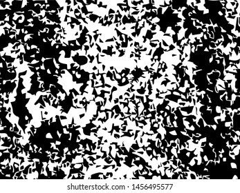 Unevenness texture. Grunge overlay layer. Distress background. Grungy stained template. Monochrome surface with dirty pattern in cracks, scratch, dots.  Old wall pattern