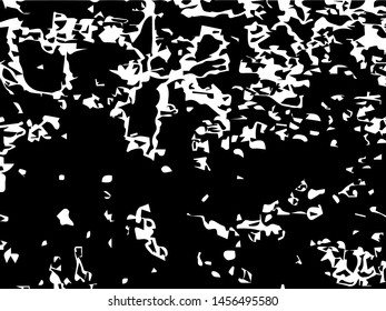 Unevenness texture. Grunge overlay layer. Distress background. Grungy stained template. Monochrome surface with dirty pattern in cracks, scratch, dots.  Old wall pattern