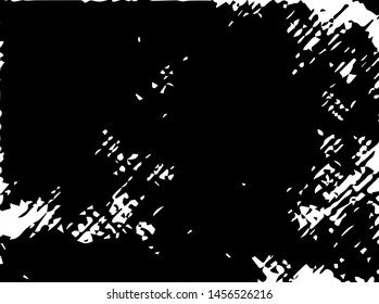 Unevenness texture. Grunge overlay layer. Distress background. Grungy stained template. Monochrome surface with dirty pattern in cracks, scratch, dots.  Old wall pattern