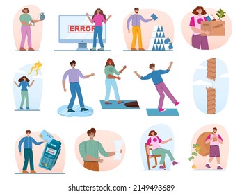 Fallo inesperado o accidente establecido. Problema imprevisto que afecta la vida y los negocios de las personas. Colapso o metáfora accidental. Ilustración vectorial plana