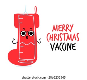 An unexpected gift. The surprised character is a Christmas sock. Inside it is a syringe with a covid vaccine. Greeting card with vaccination and Christmas, New Year. The shocked face is emotional.
