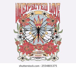 Unexpected love. Stay positive. Butterfly with flower artwork for t shirt print, poster, sticker, background and other uses. Spring flower. Feel the power of dreams.