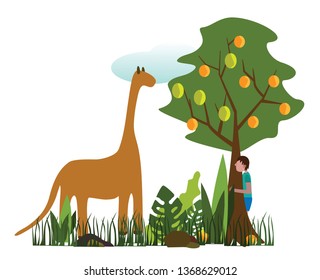 unexpected meeting of a boy with a dinosaur