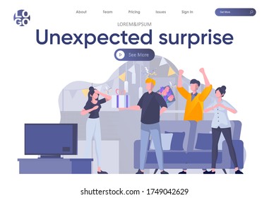 Unexpected surprise landing page with header. Friends celebrating birthday or anniversary and giving gift to girl scene. Birthday congratulation with present and flowers flat vector illustration.