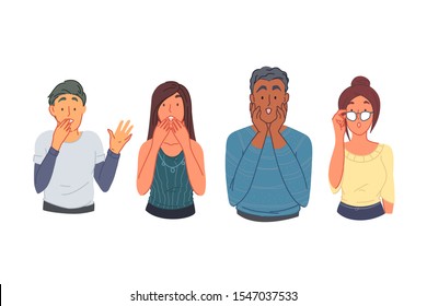 Unexpected surprise reaction concept. Diverse young people group, emotional men and women looking pleasantly amazed, happy astonished adults set. Happiness, excitement expression. Simple flat vector