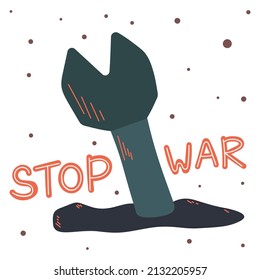 An unexploded military warhead is stuck in the ground. The concept of peace on planet. Quote stop the war.
