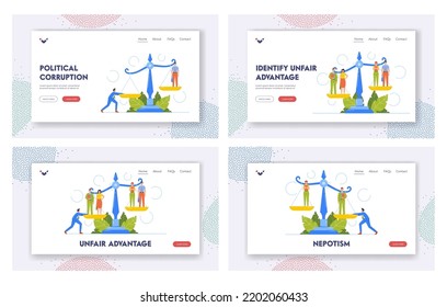Unfair Advantage Landing Page Template Set. Inequality, Discrimination, Fairness at Work and Career Ladder. Business Characters Stand on Scales, Rights Imbalance. Cartoon People Vector Illustration